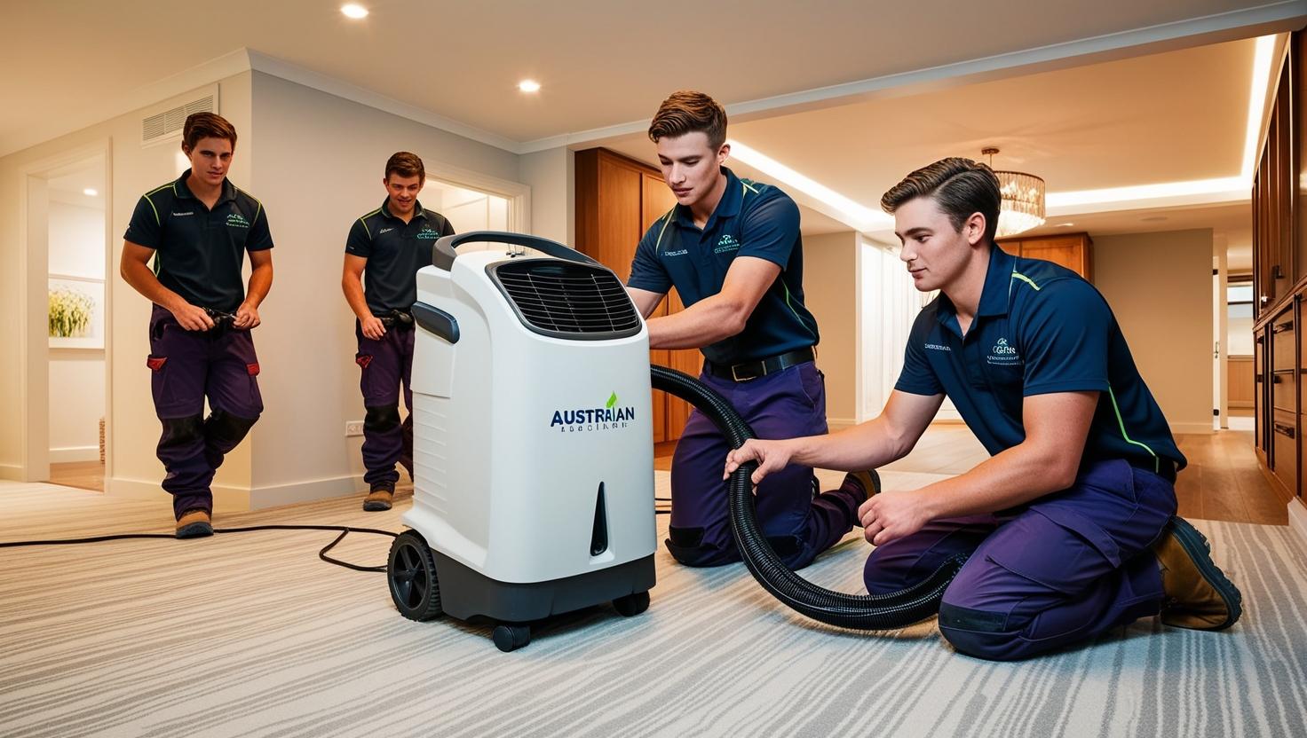 Technicians setting up dehumidifiers in a residential home to remove excess moisture from carpeted floor Technicians setting up dehumidifiers in a residential home to remove excess moisture from carpeted floor